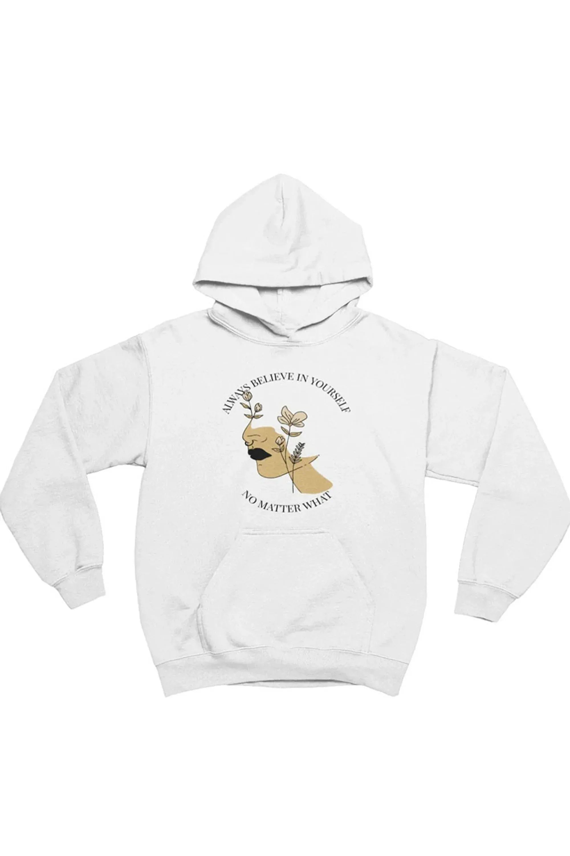 A white pullover hoodie with graphic